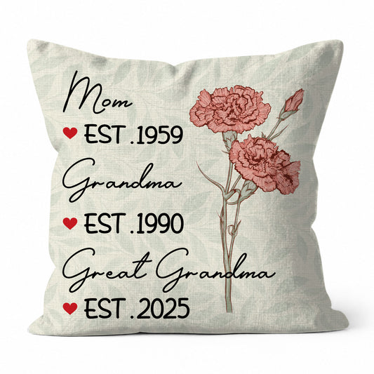 Personalized Floral Pillow - Mom Grandma Great Grandma Est. Year Pillow - Family Keepsake Gift
