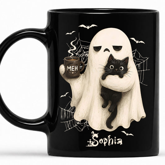 Personalized Halloween Mug, Custom Ghost Cat Coffee Cup, Cute Spooky Mug, Halloween Gift for Cat Lovers