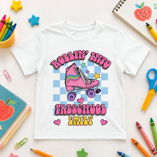 Rollin' Into School Retro Shirt - Custom Name & Grade Kids T-Shirt - First Day of School Outfit for Girls