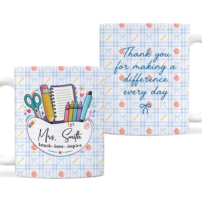 Personalized Teach Love Inspire Teacher Mug with Custom Name, Teacher Appreciation Coffee Mug, Thank You Teacher Gift, Back to School Gift
