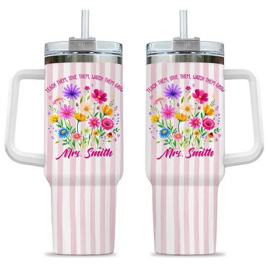 Personalized 40oz Teacher Tumbler with Handle & Straw, Custom Floral Teacher Cup Gift for Back to School, Teacher Appreciation