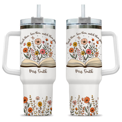 Personalized 40oz Teacher Tumbler with Handle & Straw – Custom Floral Teacher Gift for Back to School, First Day of School & Teacher Appreciation