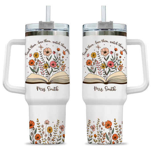 Personalized 40oz Teacher Tumbler with Handle & Straw, Custom Floral Teacher Cup Gift for Back to School, Teacher Appreciation