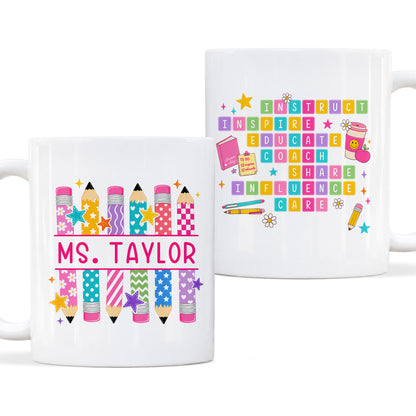 Colorful Teacher Crossword Mug - Personalized Teacher Name Ceramic Coffee Cup - Motivational Gift for Teachers