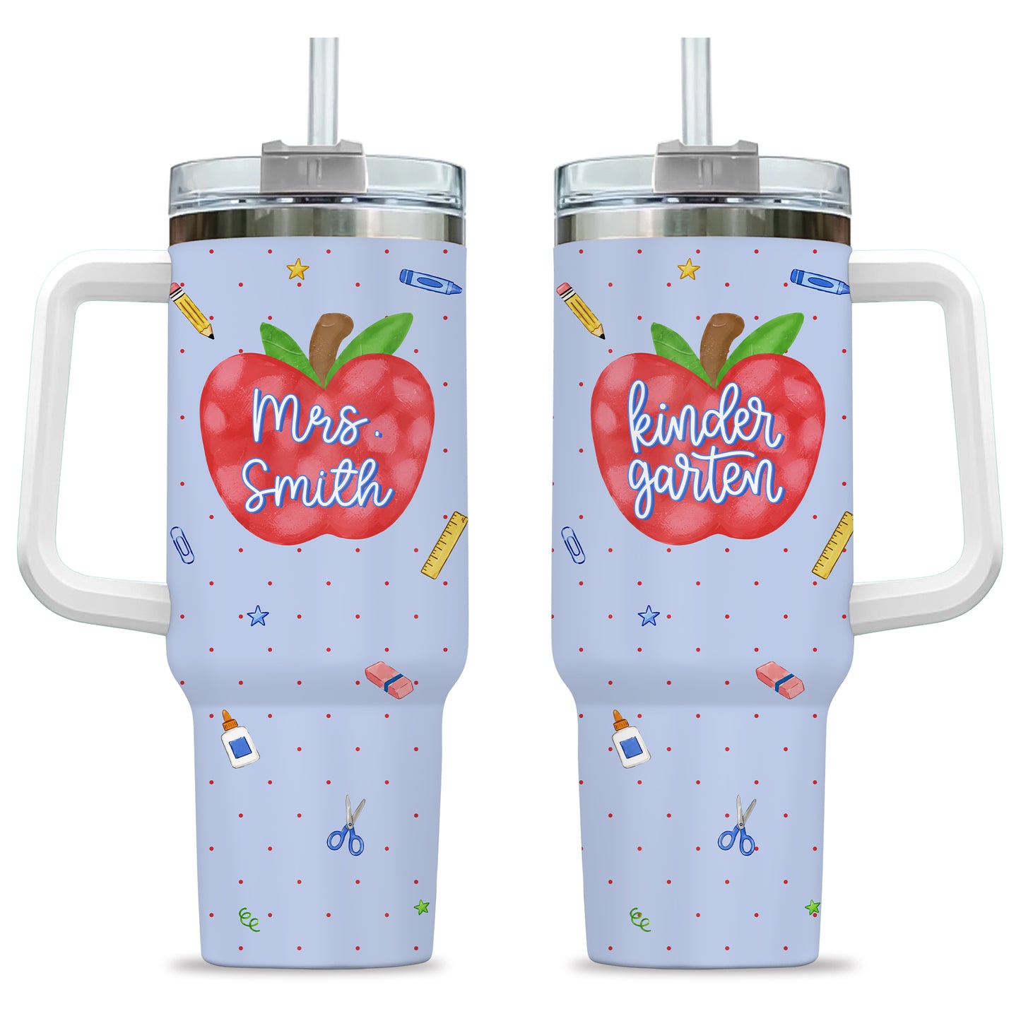 Personalized Teacher & Student Tumbler 40oz with Handle – Custom Name & Grade, Striped Apple School Tumbler for Preschool to 8th Grade