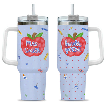 Personalized Teacher & Student Tumbler 40oz with Handle – Custom Name & Grade, Striped Apple School Tumbler for Preschool to 8th Grade