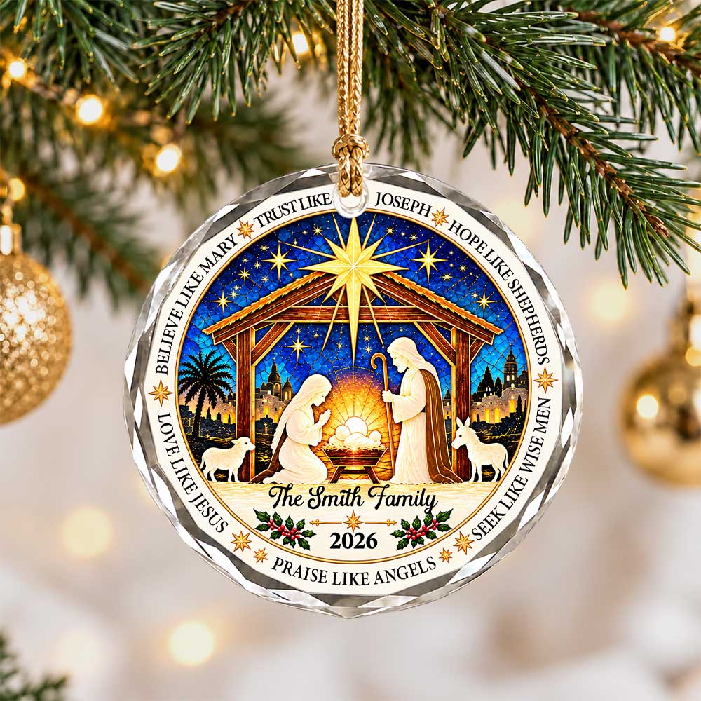 Personalized Christmas Ornament - Custom Family Name Nativity Scene - Christian Christmas Gift, Religious Decor