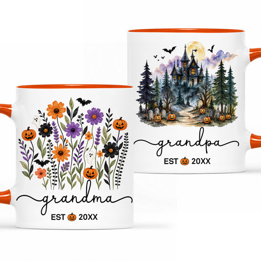 Personalized Halloween Grandparent Mug Set - Custom Grandma Grandpa Accent Mugs - New Grandparents Spooky Pregnancy Reveal Gift