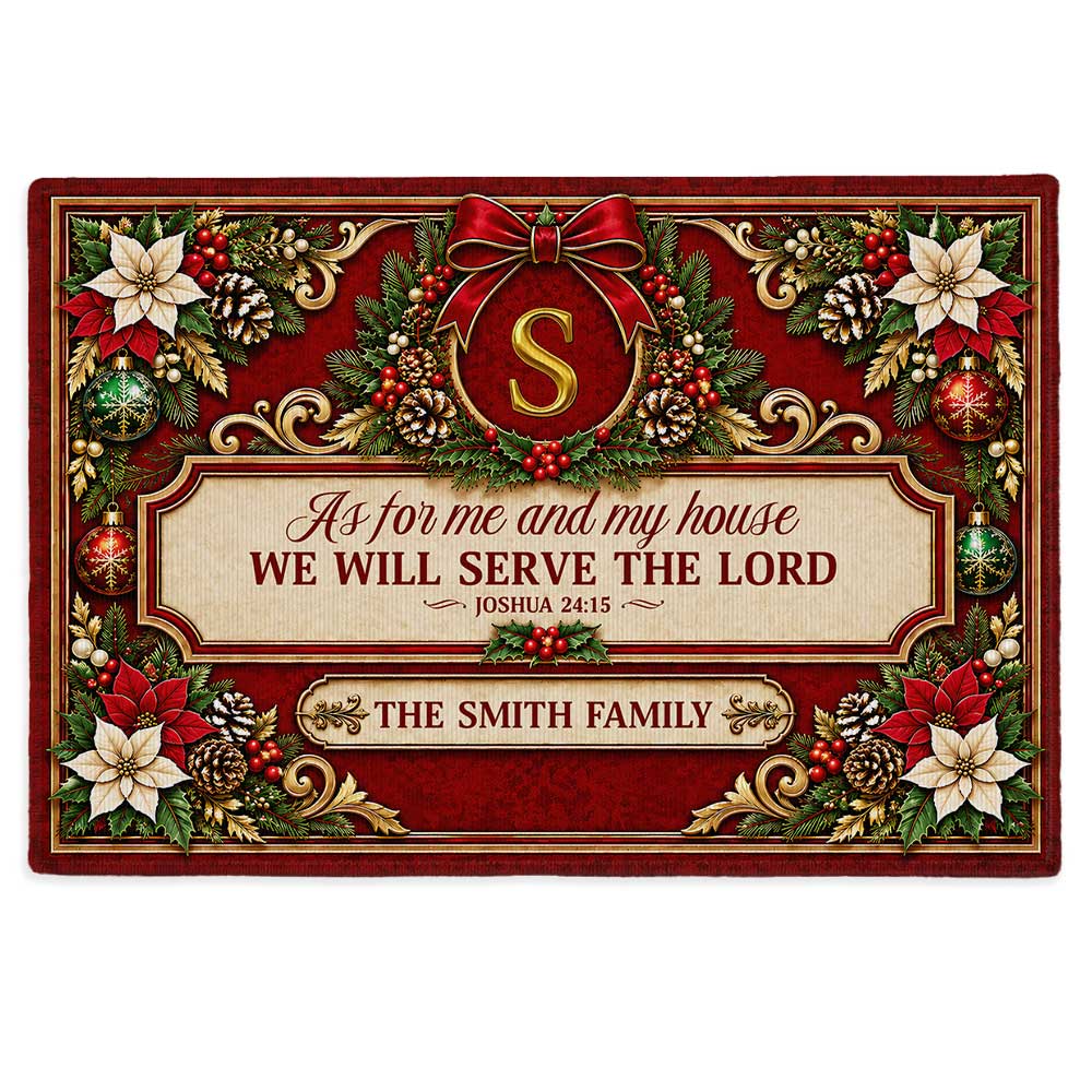 Personalized Christmas Door Mat - Serve The Lord Family Mat - Christmas Entryway Decor, Christian Holiday Gift