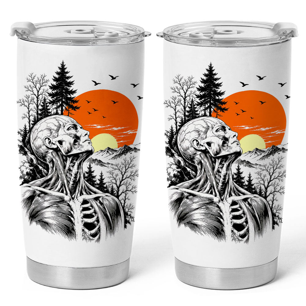 Anatomical Skeleton Sunset Tumbler 20oz, Vintage Mountain Travel Cup, Gothic Gift for Men Women