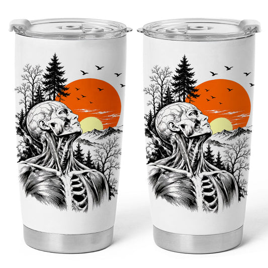 Anatomical Skeleton Sunset Tumbler 20oz, Vintage Mountain Travel Cup, Gothic Gift for Men Women