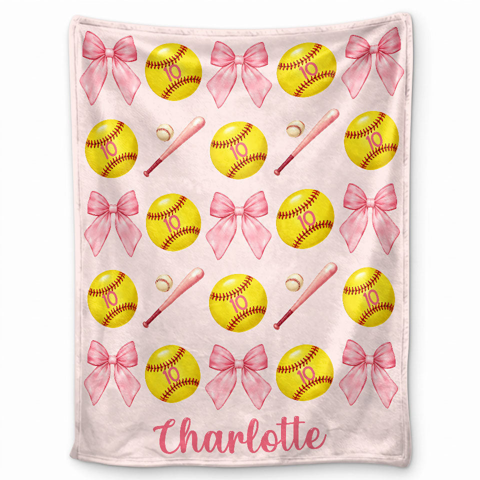 Personalized Softball Blanket for Girls - Custom Name Bow Softball Throw - Christmas Gift, Teen Athlete Gift