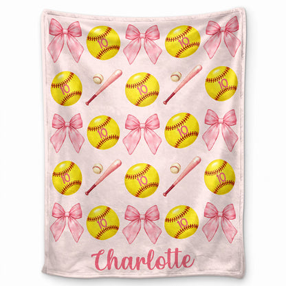 Personalized Softball Blanket for Girls - Custom Name Bow Softball Throw - Christmas Gift, Teen Athlete Gift