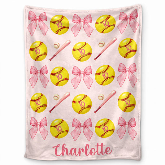 Personalized Softball Blanket for Girls - Custom Name Bow Softball Throw - Christmas Gift, Teen Athlete Gift