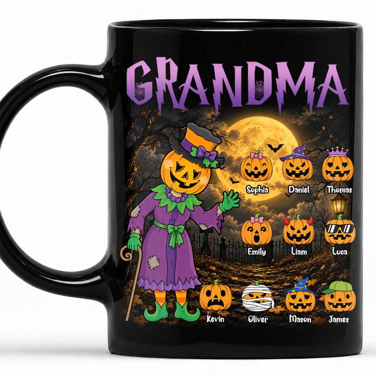 Personalized Halloween Grandma Black Mug - Grandma Pumpkin Patch Coffee Cup - Cute Pumpkin Family Gift