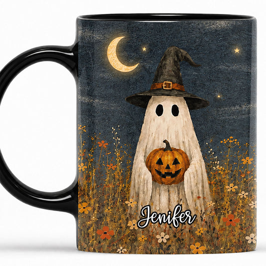 Personalized Halloween Mug, Custom Name Ghost & Black Cat Coffee Cup, Gothic Fall Drinkware, Ceramic Mug Gift
