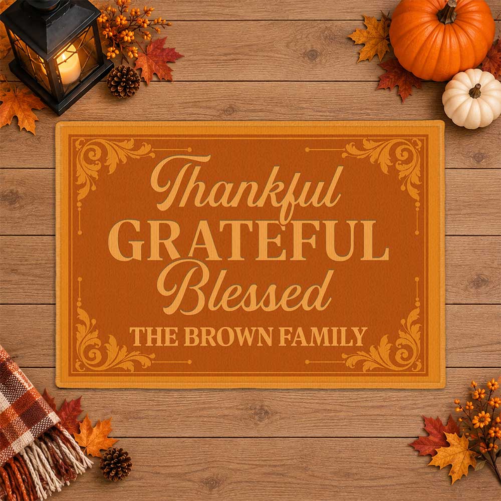 Personalized Thanksgiving Doormat - Thankful Grateful Blessed Family Mat - Thanksgiving Home Decor