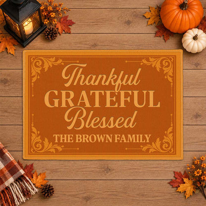Personalized Thanksgiving Doormat - Thankful Grateful Blessed Family Mat - Thanksgiving Home Decor