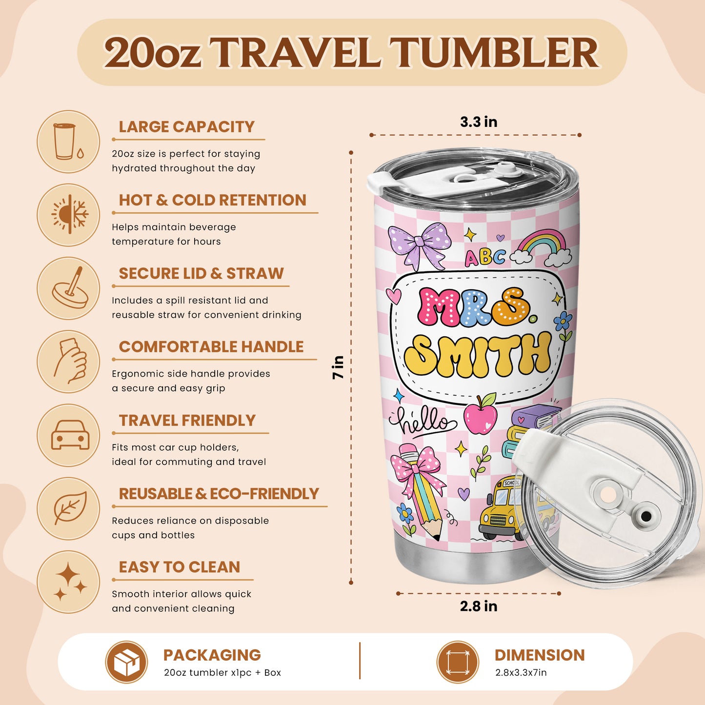 Colorful Teacher Tumbler - Custom Teacher Name & Student Message To Go Cup - Appreciation Gift for Teachers