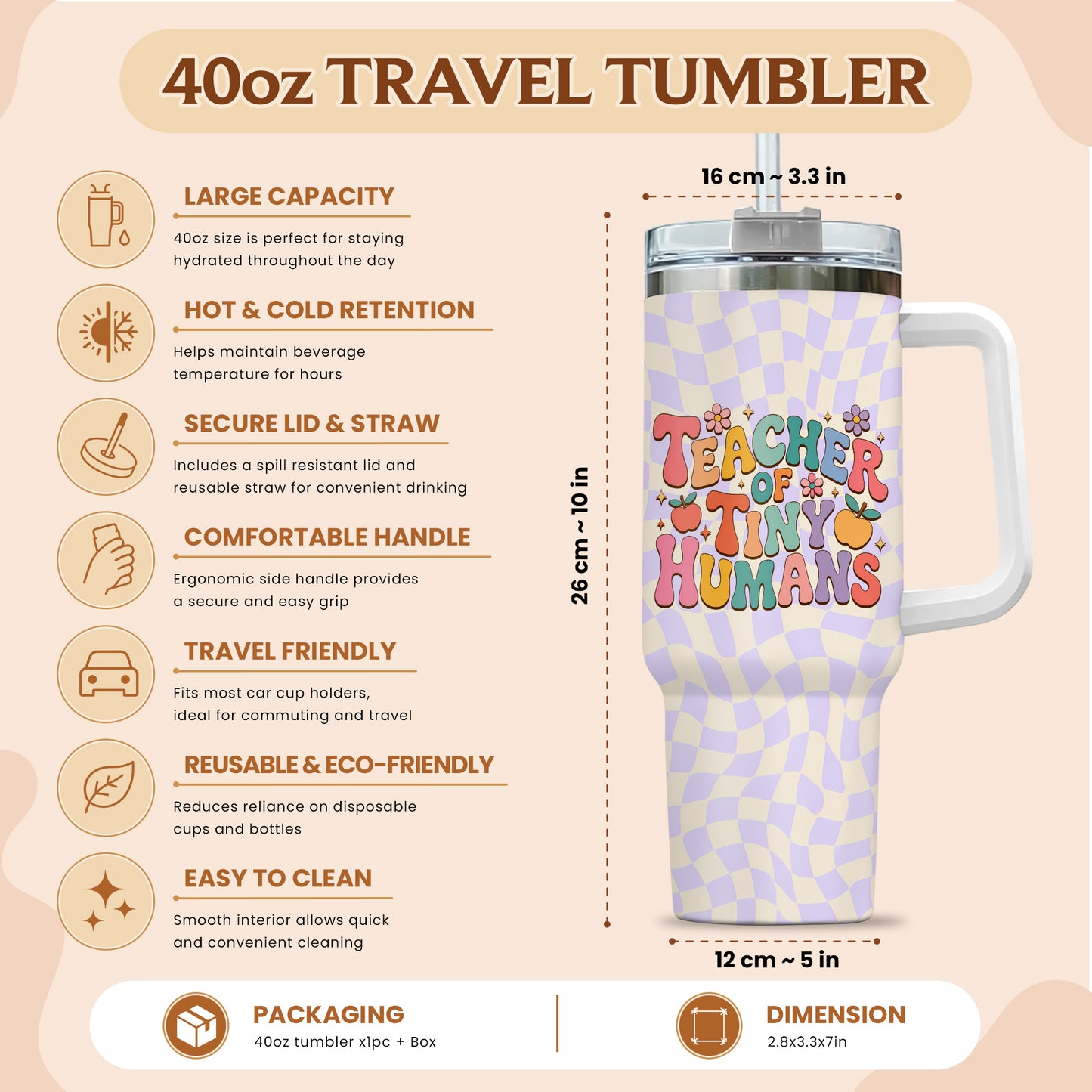 Retro Groovy Teacher Tumbler with Handle - Teacher of Tiny Humans - Personalized Teacher To Go Cup - Retro Gift for Teachers