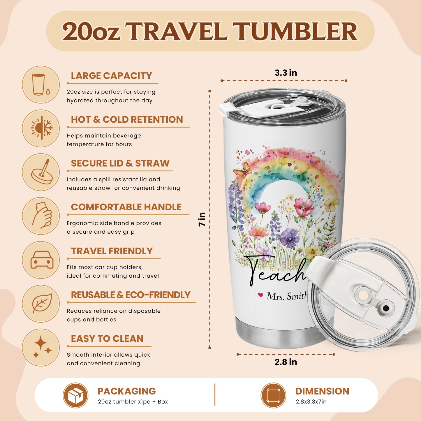 Personalized Teacher Tumbler with Custom Name, Cute Pencil Floral Travel Cup, Teacher Appreciation Gift, Back to School Teacher Gift