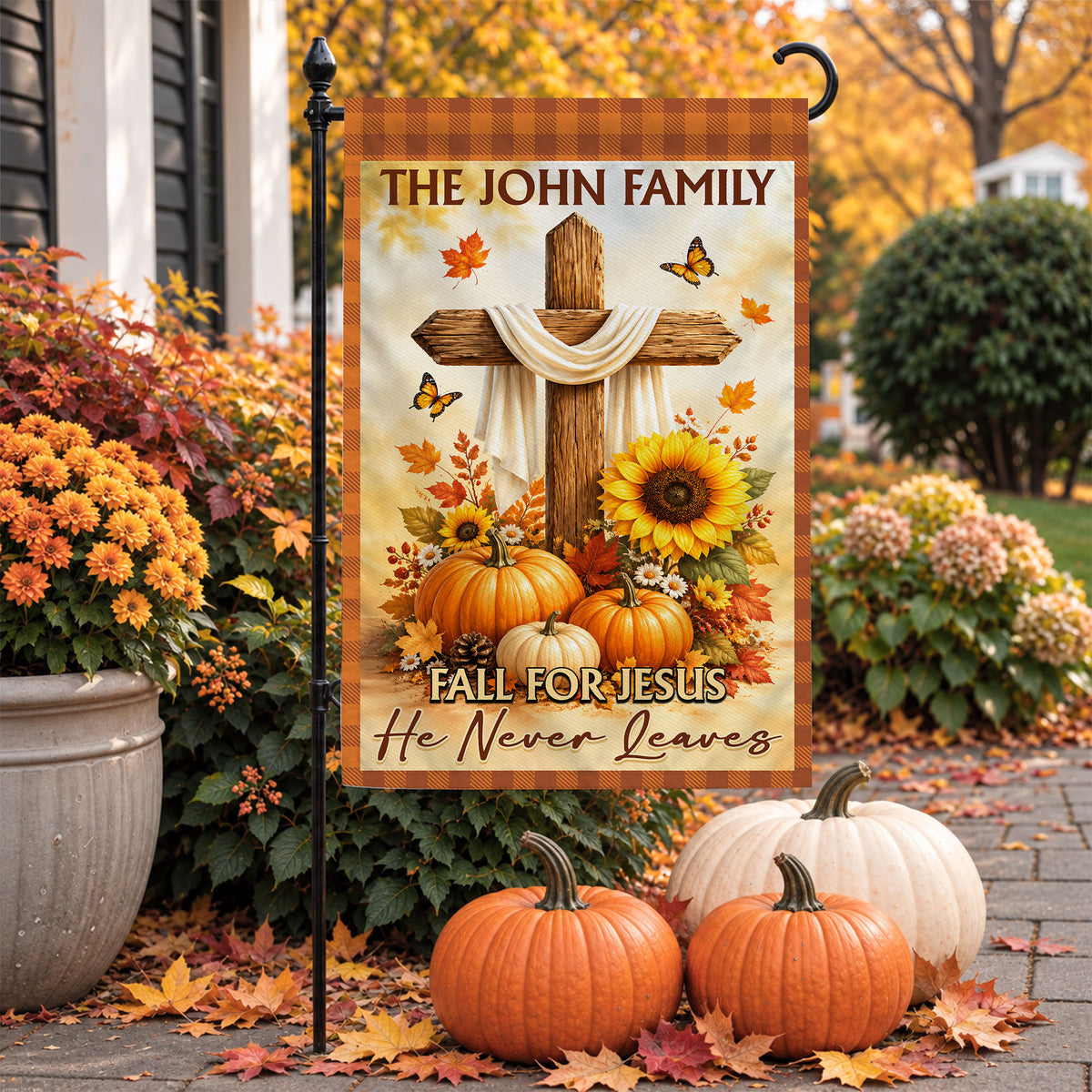 Personalized Thanksgiving Garden Flag - Fall for Jesus He Never Leaves - Custom Family Name Yard Decor