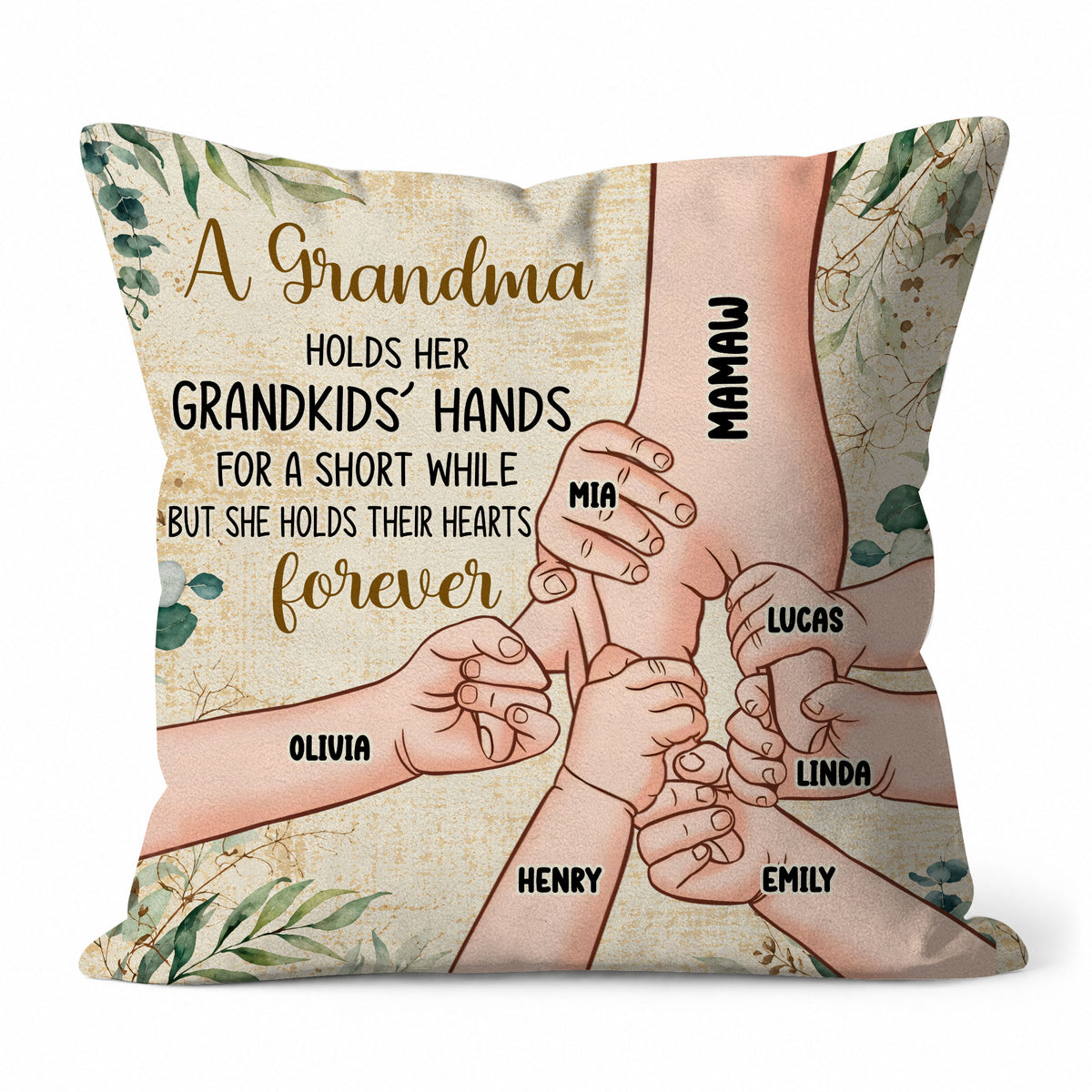 Personalized Grandma Pillow - Grandma Holds Grandkids' Hearts Forever - Custom Family Gift