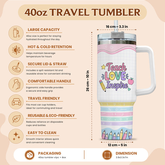 Teach Love Inspire Pastel Teacher Tumbler with Handle – Custom Teacher Name Travel Cup - Back To School Gift for Teachers