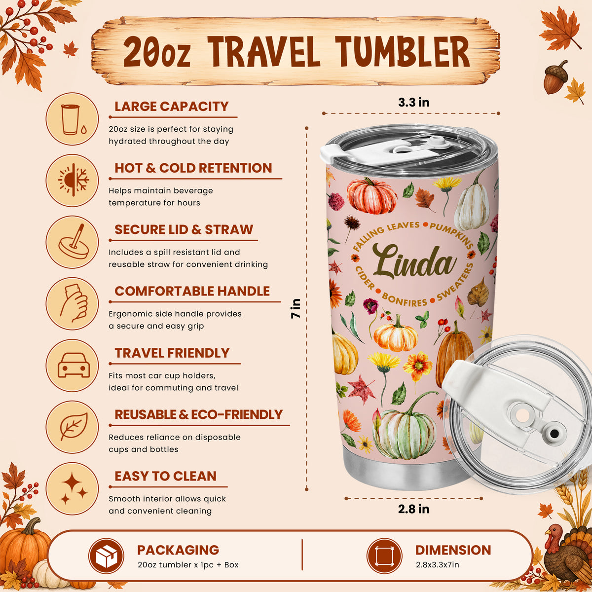Personalized Thanksgiving Tumbler - Custom Name Fall Pumpkin Tumbler - Thanksgiving Gift for Friends, Women