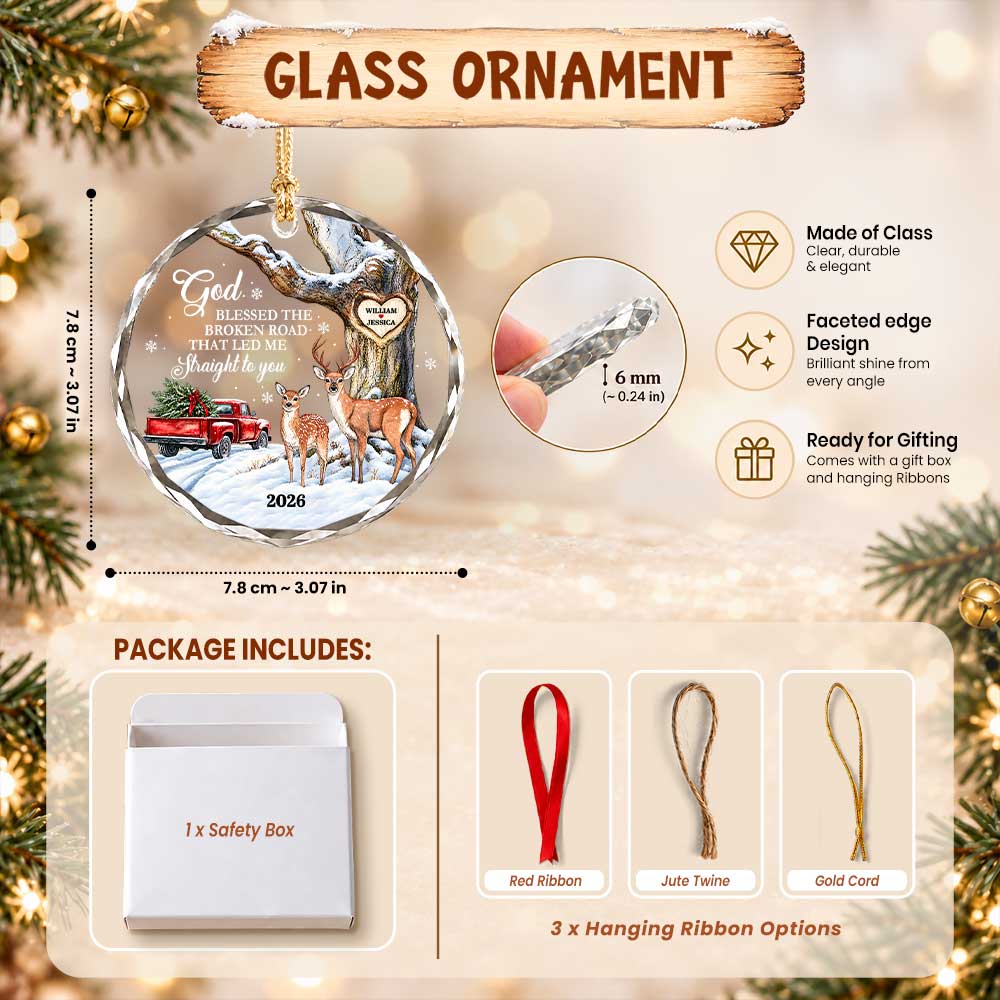 Personalized Couple Glass Ornament - God Blessed the Broken Road Deer Couple - Christmas Gift for Couples 2026