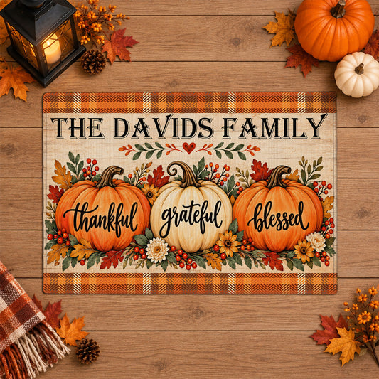 Personalized Thanksgiving Doormat - Thankful Grateful Blessed House Mat - Thanksgiving Home Decor