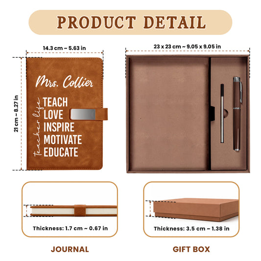 Teach Love Inspire Motivate Educate Teacher Journal Gift Set - Custom Name Leather Notebook with Pen - Teacher Appreciation Gift