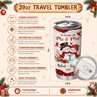 Personalized Snowman Couple Christmas Tumbler, Custom Names Anniversary Gift for Couples