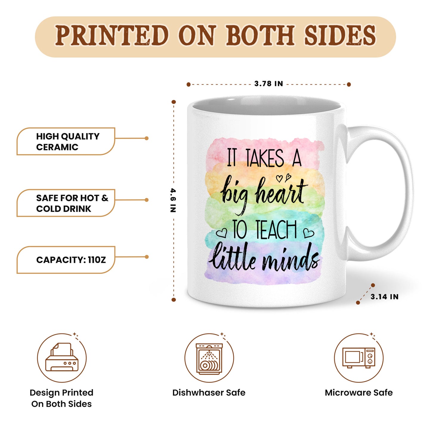 Watercolor Rainbow Teacher Mug - It Takes A Big Heart To Shape Little Minds - Meaningful Back To School Gift for Teachers