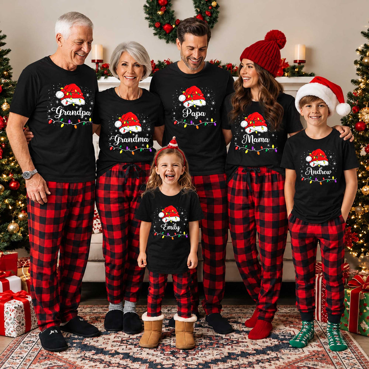 Personalized Family Christmas Shirts, Matching Santa Hat Tees, Custom Name Holiday Gift