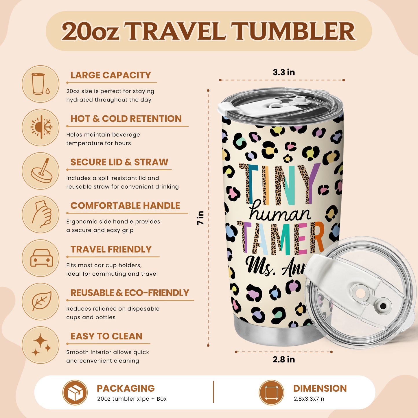 Tiny Human Tamer Teacher Tumbler with Handle - Colorful Leopard Print Teacher To Go Cup - Personalized Gift for Teachers