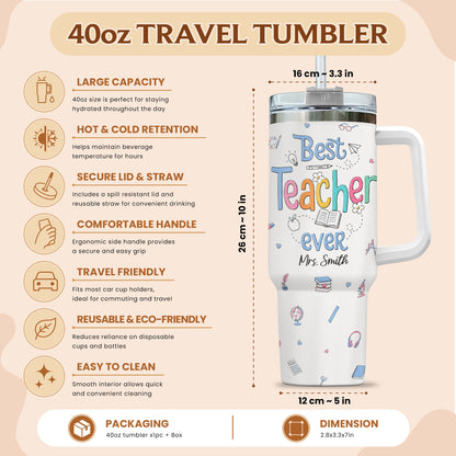 Personalized 40oz Teacher Tumbler with Handle & Straw – Custom Name Insulated Travel Mug for Back to School, Teacher Appreciation & First Day of School Gift