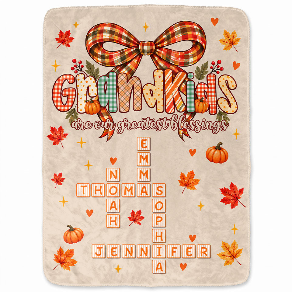 Personalized Thanksgiving Blanket - Grandkids are Our Greatest Blessings Crossword Puzzle Art - Gift for Grandparents