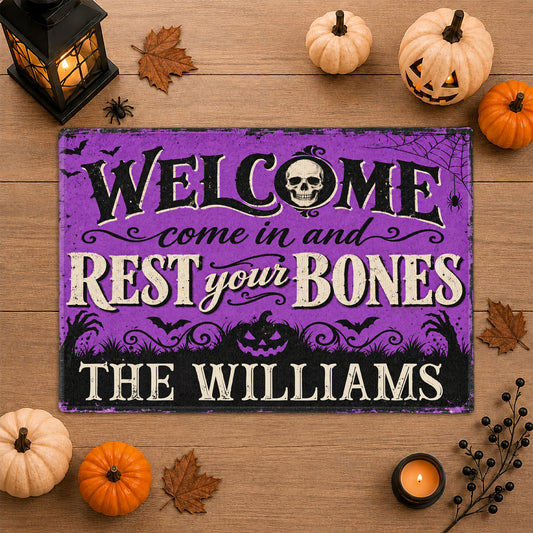 Personalized Halloween Family Name Door Mat - Welcome in Rest Your Bones - Spooky Porch Decor, Funny Halloween Gift for Family