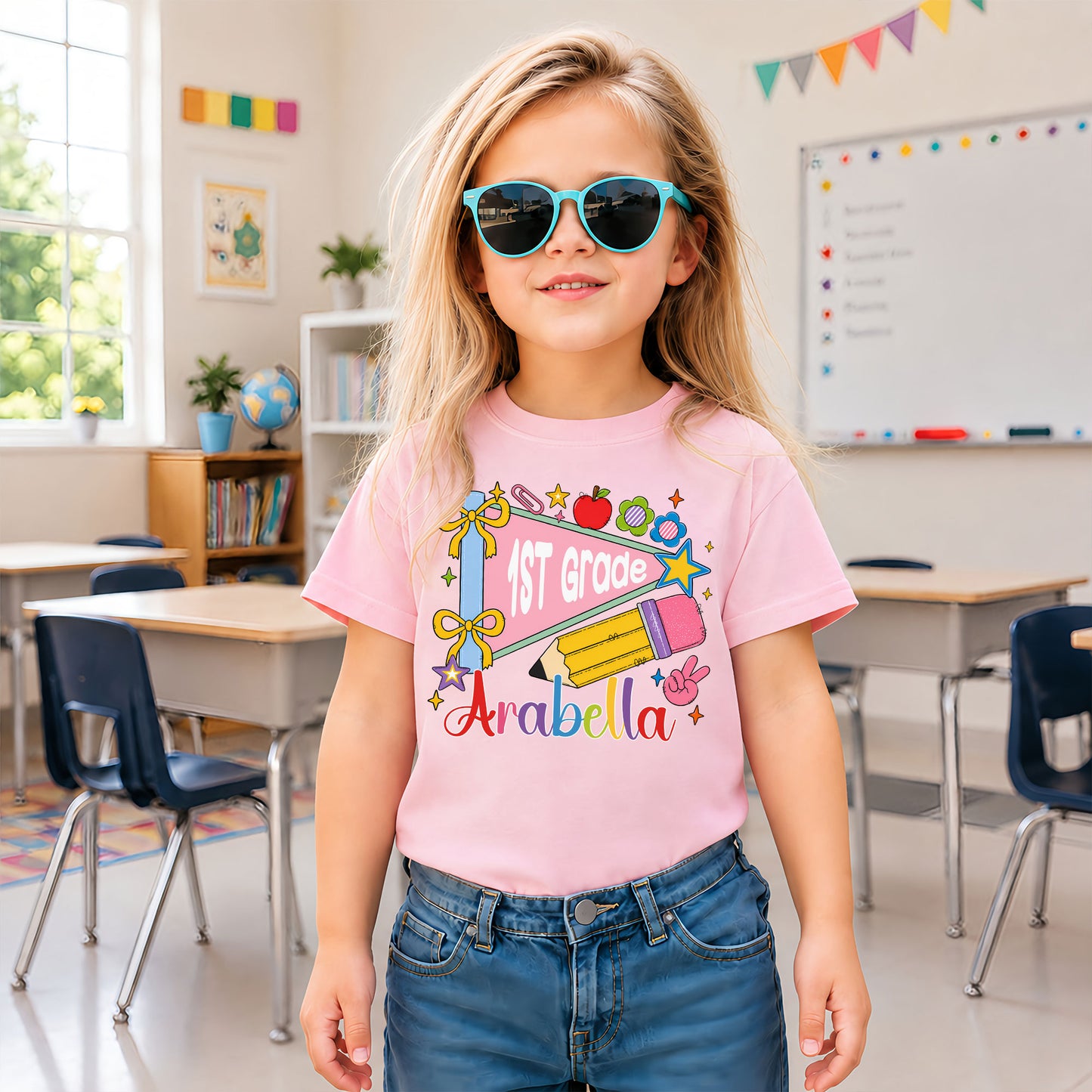 Colorful Pennant Tshirt - Custom Name & Grade Kid T-shirt - Back To School Gift for Boys & Girls