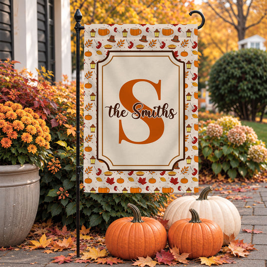 Personalized Thanksgiving Garden Flag - Custom Family Name Monogram Fall Yard Decor - Pumpkin Harvest Outdoor Flag - Autumn Home Decor