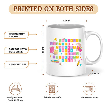 Colorful Teacher Crossword Mug - Personalized Teacher Name Ceramic Coffee Cup - Motivational Gift for Teachers