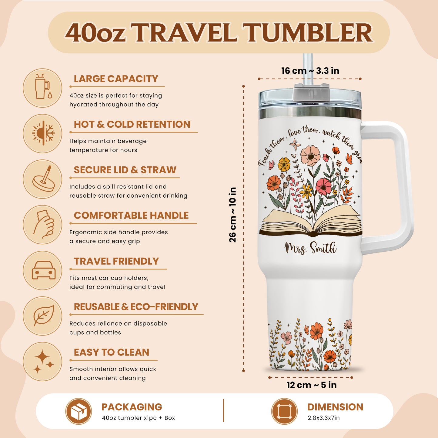 Personalized 40oz Teacher Tumbler with Handle & Straw – Custom Floral Teacher Gift for Back to School, First Day of School & Teacher Appreciation