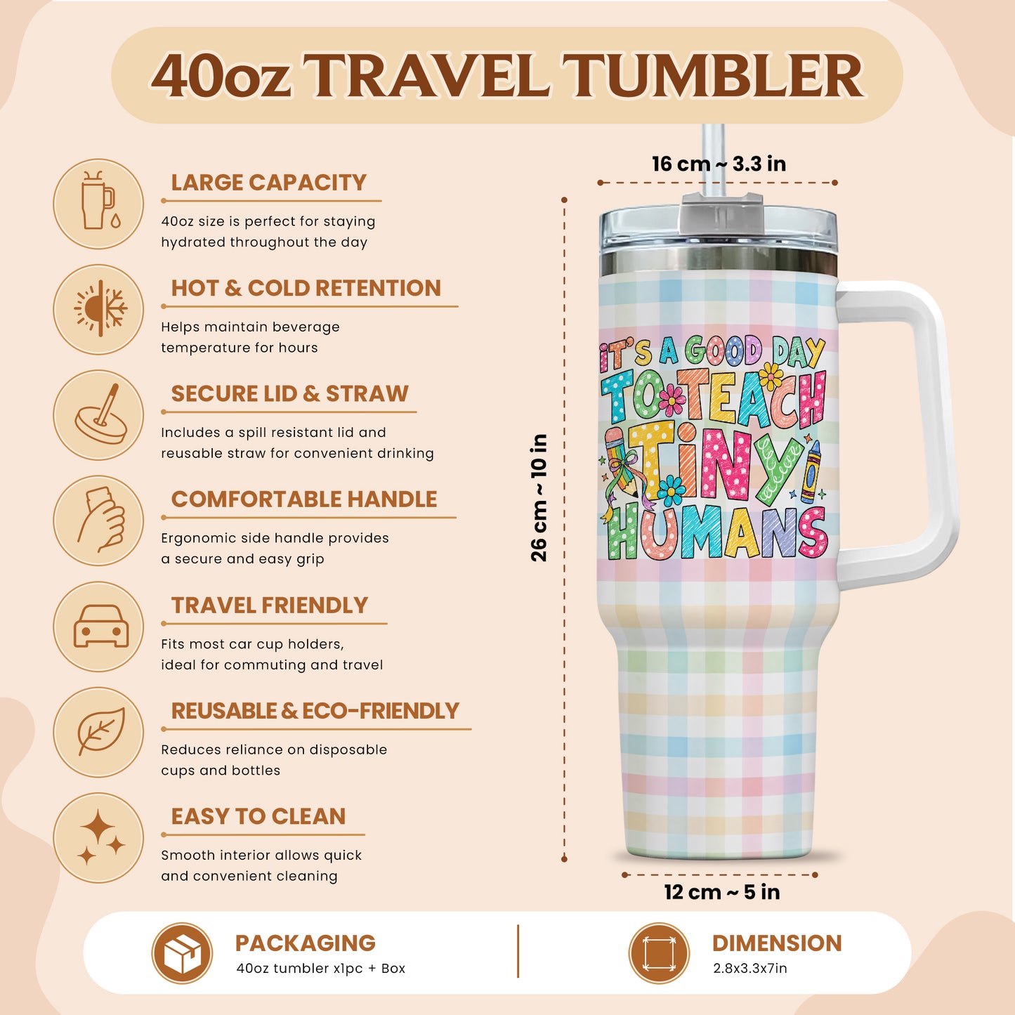 Colorful Teacher Tumbler with Handle - It's a Good Day to Teach Tiny Humans - Personalized Teacher Stainless Steel Tumbler - Back To School Gift for Teachers