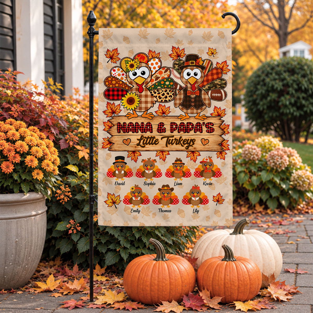 Personalized Thanksgiving Garden Flag - Nana Papa's Little Turkeys Flag - Thanksgiving Gift for Grandparents