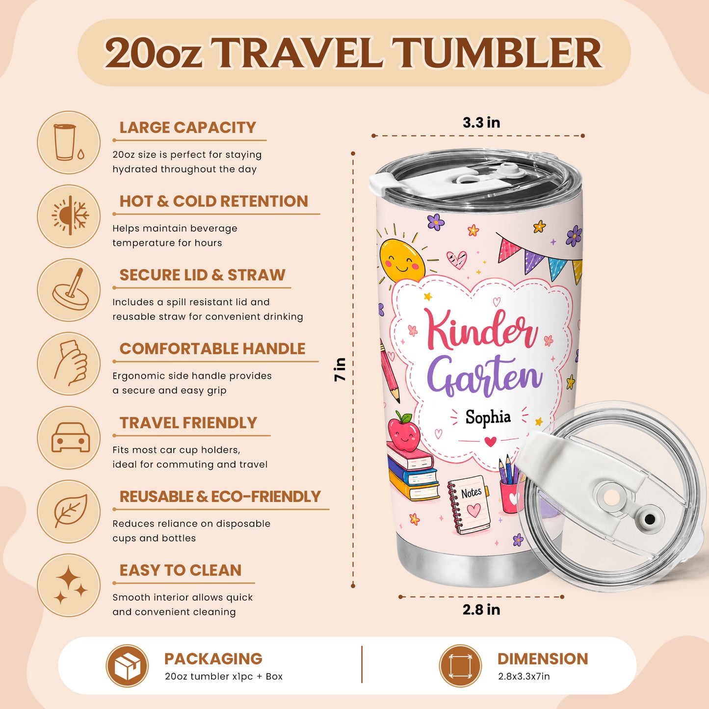 Personalized Back to School Tumbler - Custom Name & Class for Teachers and Students, Pastel Bow 20oz Travel Cup