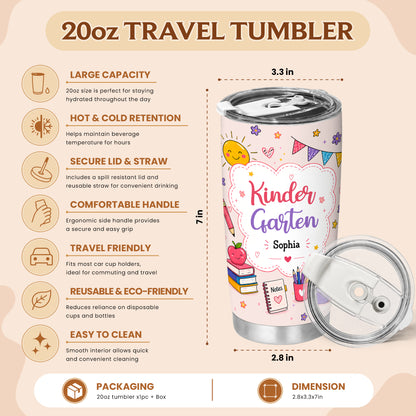 Personalized Back to School Tumbler - Custom Name & Class for Teachers and Students, Pastel Bow 20oz Travel Cup