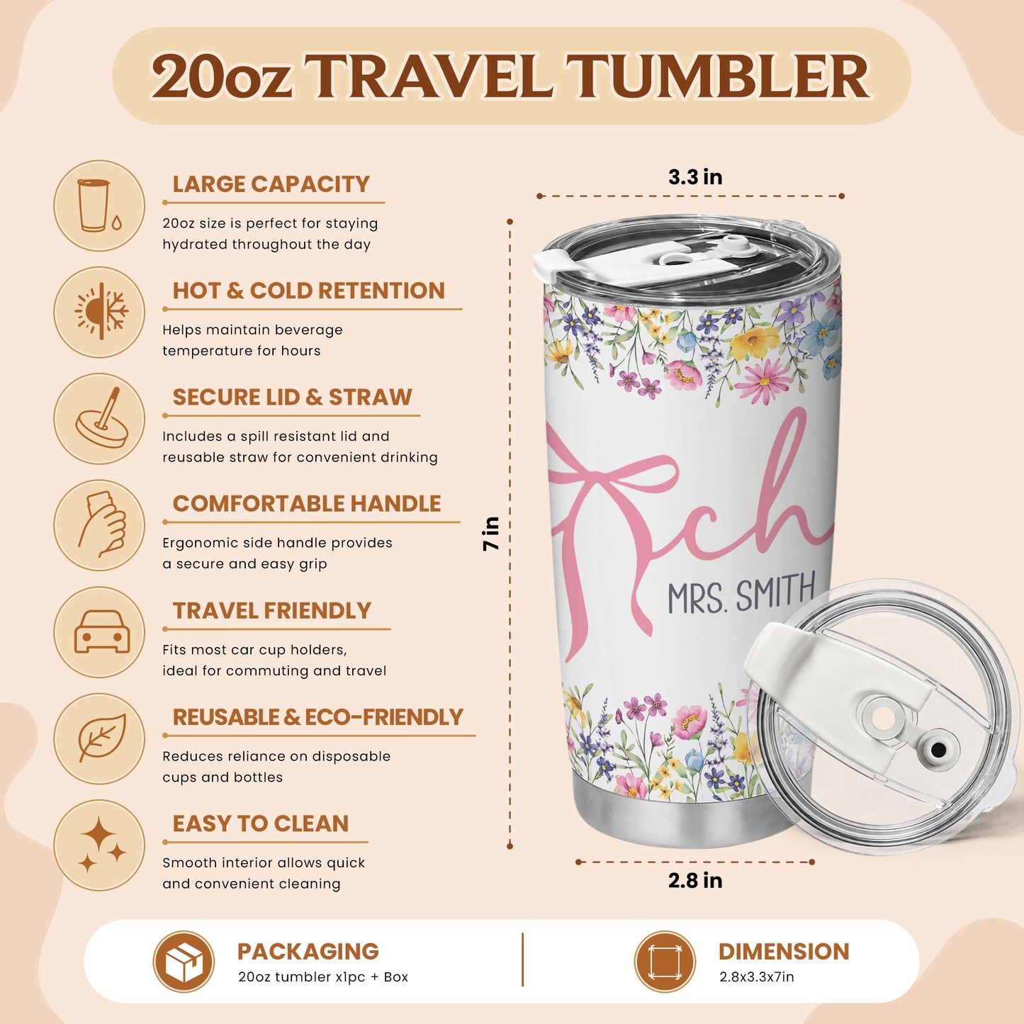 Personalized Teacher Tumbler with Custom Name, Cute Pencil Floral Travel Cup, Teacher Appreciation Gift, Back to School Teacher Gift