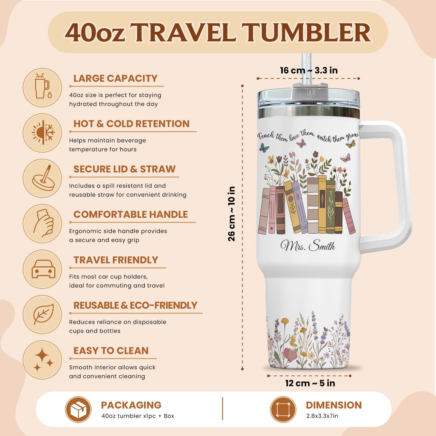 Personalized 40oz Teacher Tumbler with Handle & Straw – Custom Floral Teacher Gift for Back to School, First Day of School & Teacher Appreciation