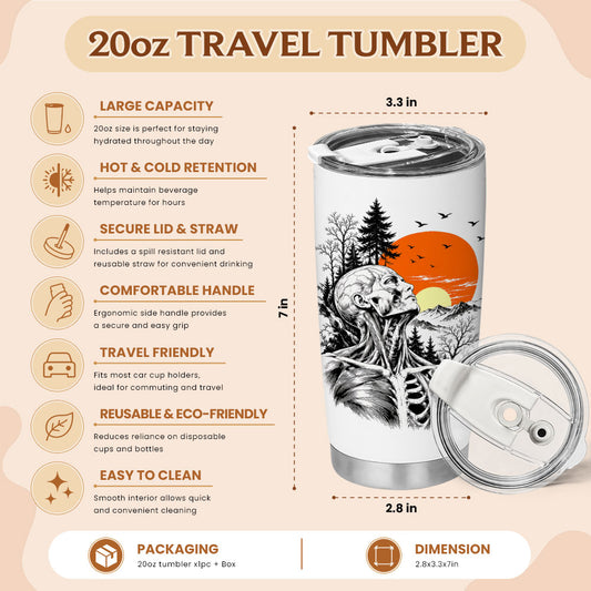 Anatomical Skeleton Sunset Tumbler 20oz, Vintage Mountain Travel Cup, Gothic Gift for Men Women